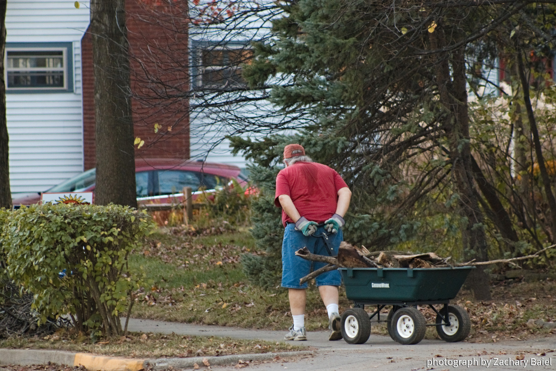 Neighbor pulling a wagon full of fallen sticks from a recent window storm in West Lafayette, Indiana | November 2022